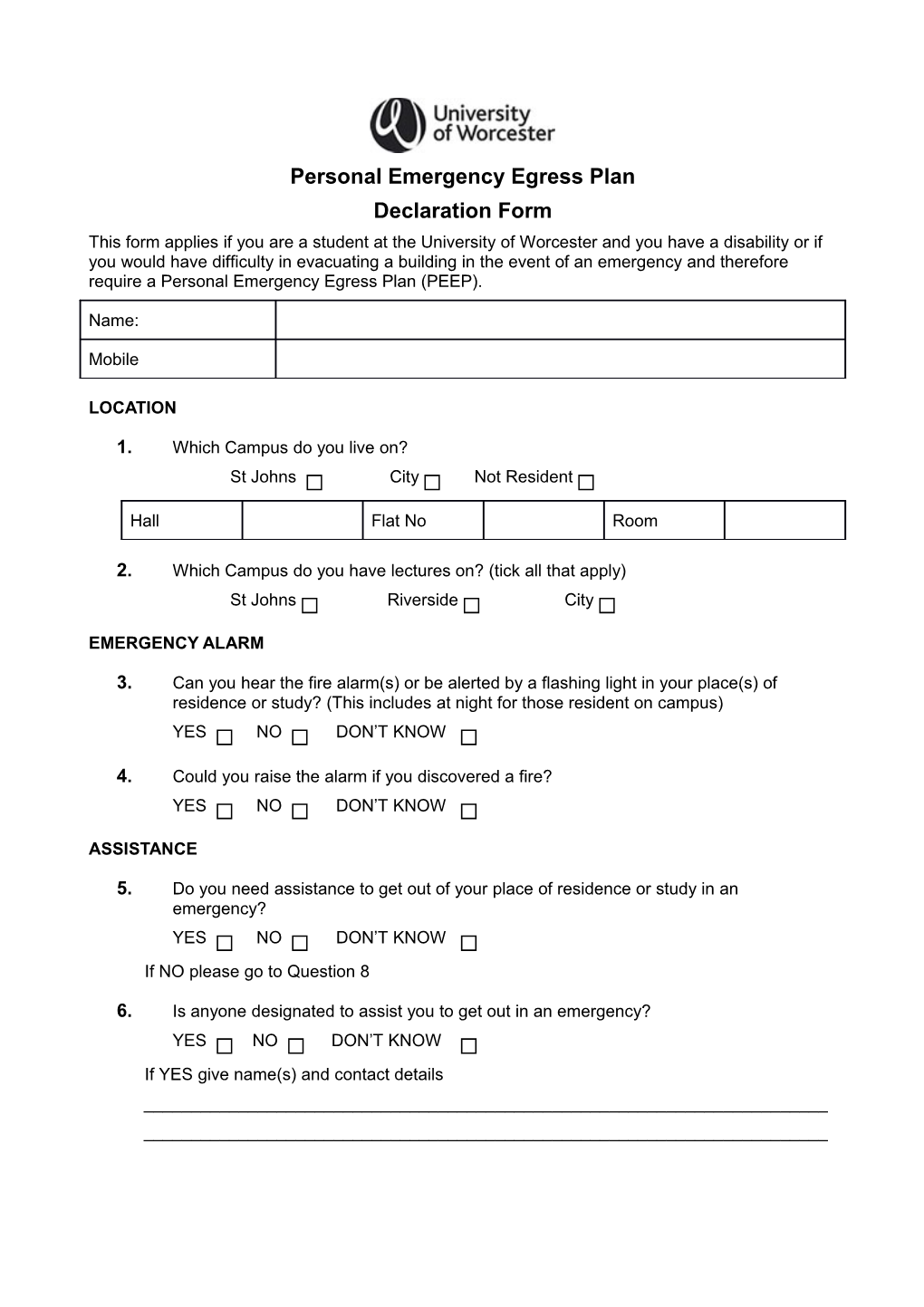 Personal Emergency Egress Plan