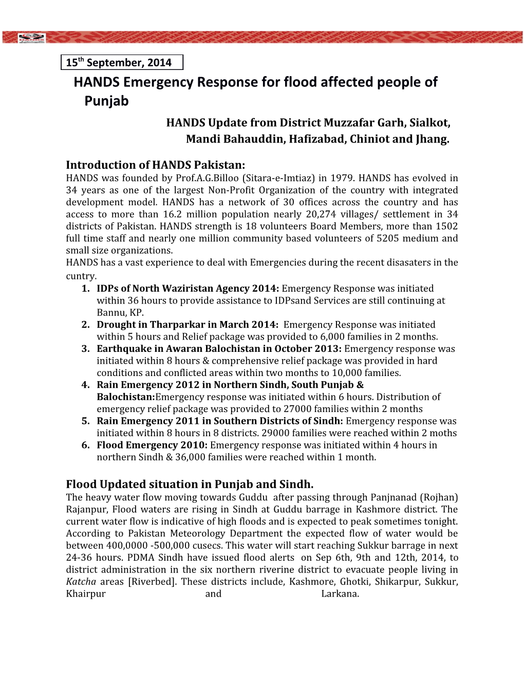 HANDS Emergency Response for Flood Affected People of Punjab