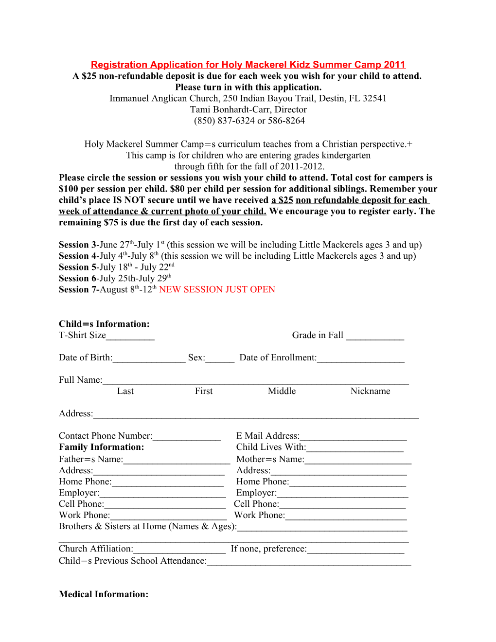 Registration Application for Holy Mackerel Summer Camp