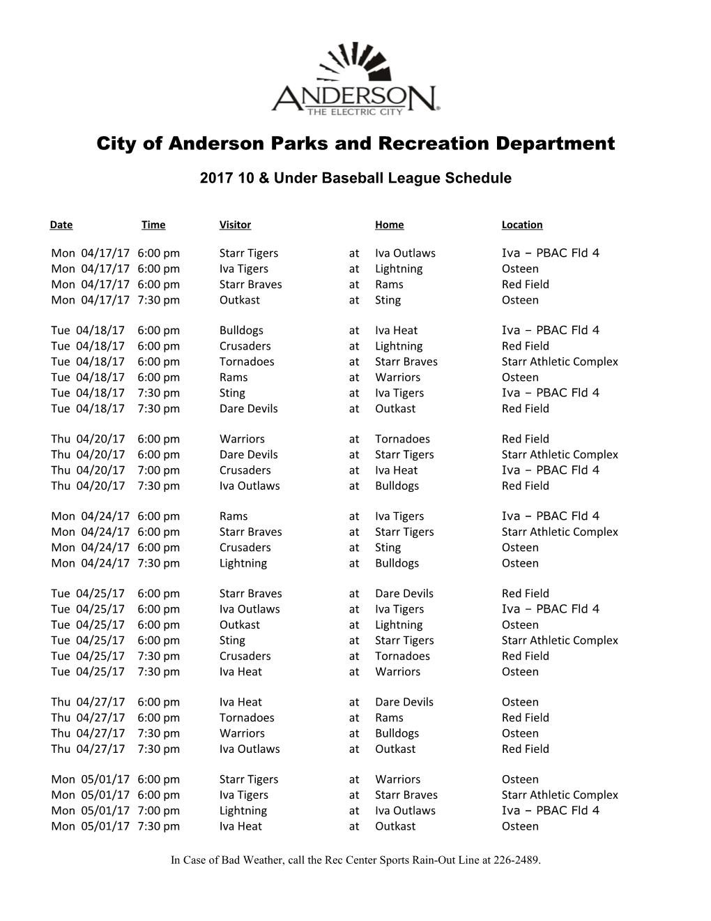 City of Anderson Parks and Recreation Department s1