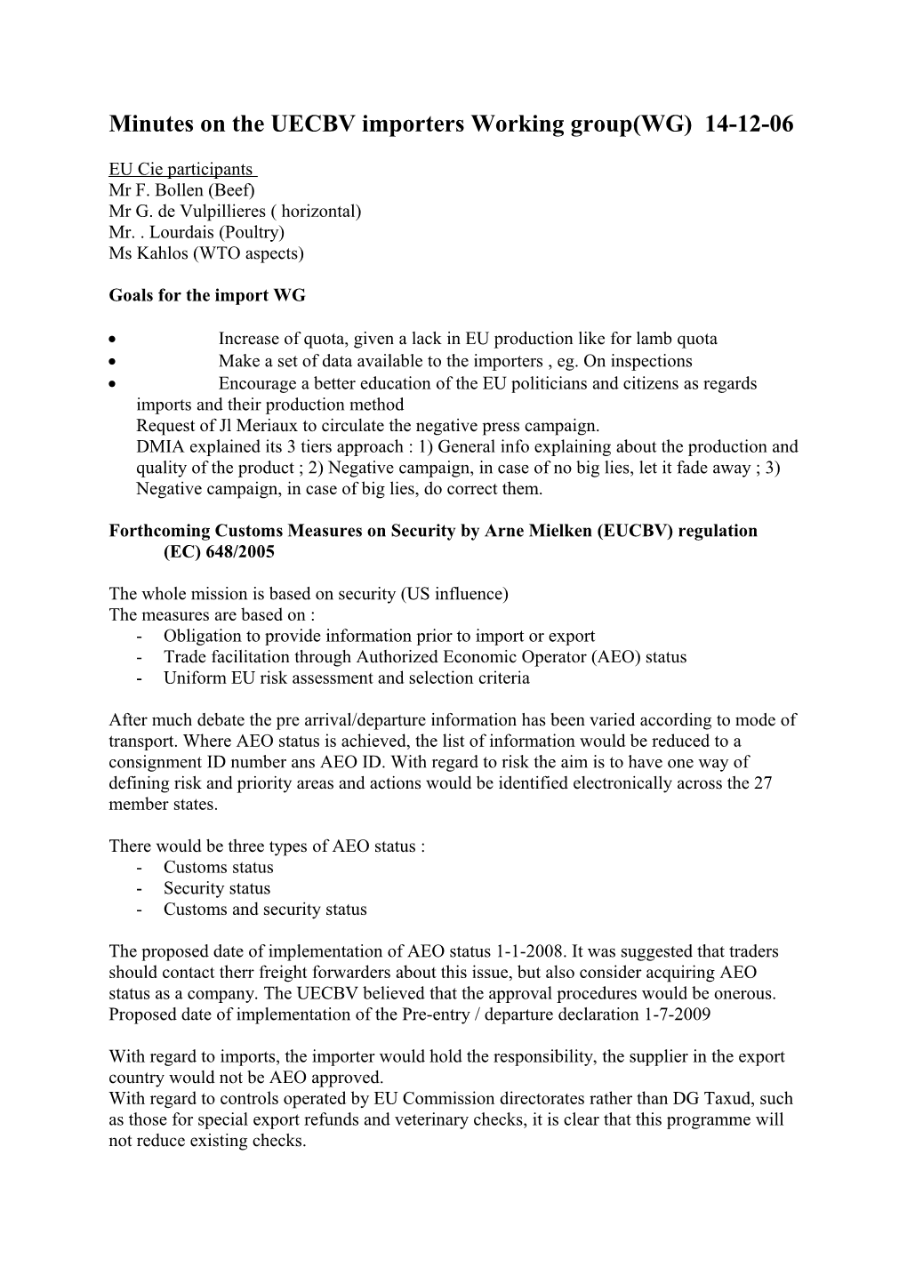 Draft Minutes on the UECBV Importers Working Group(WG) 14-12-06