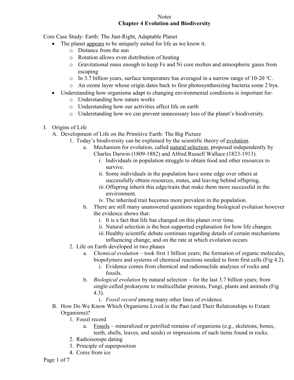 APES Notes Chapter 4 Evolution and Biodiversity