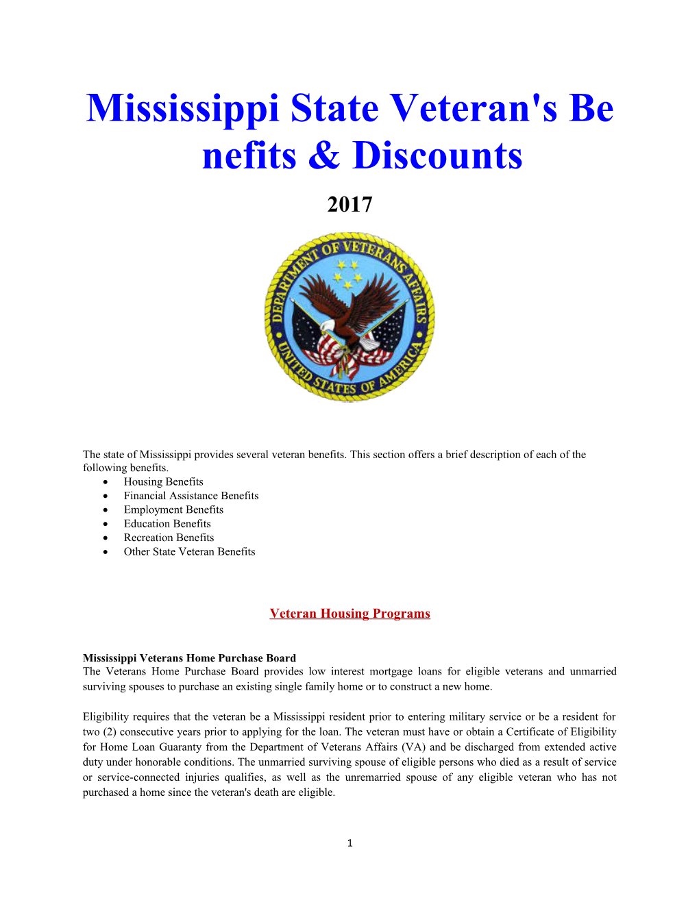 Mississippi State Veteran's Benefits & Discounts