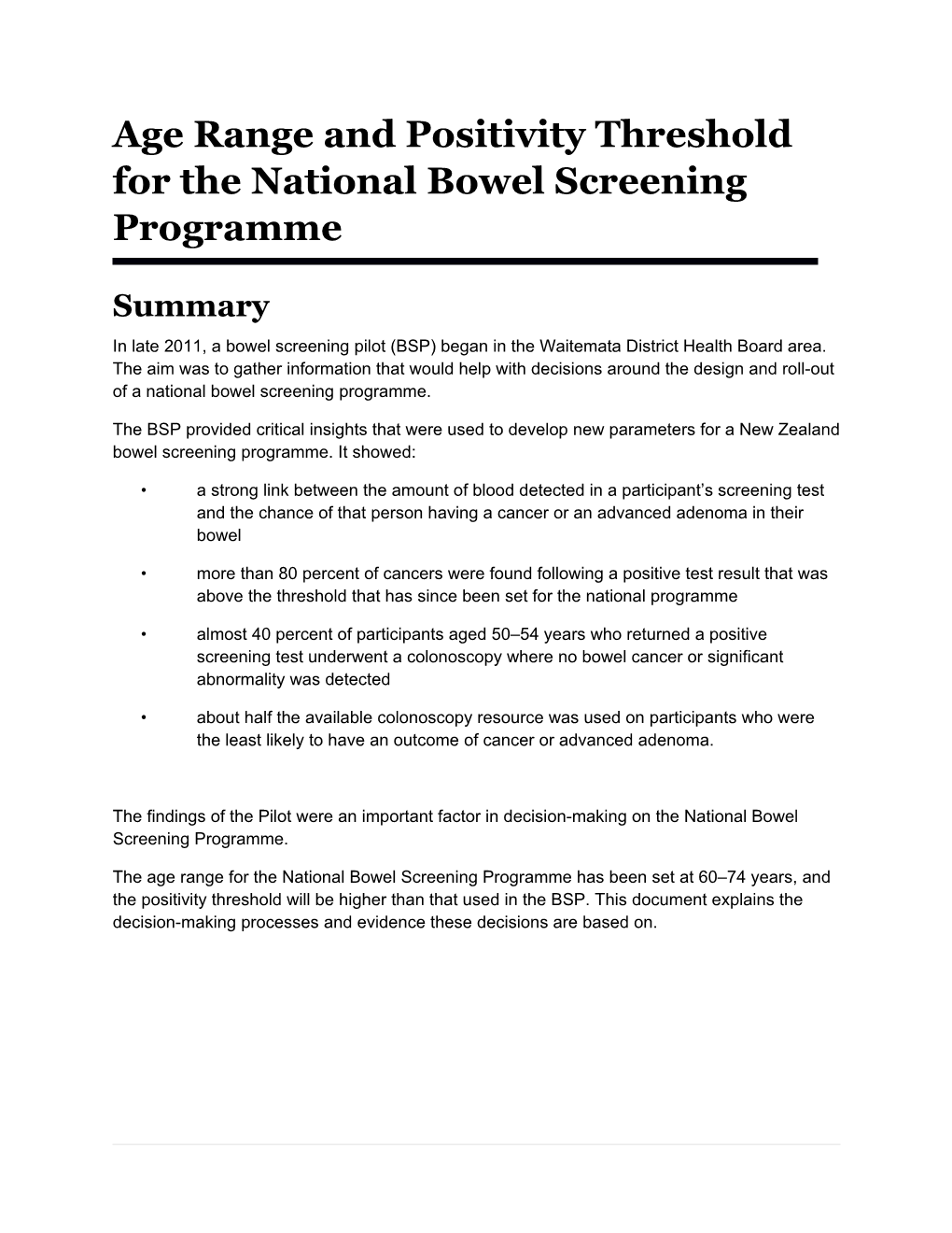 Age Range and Positivity Threshold for the National Bowel Screening Programme