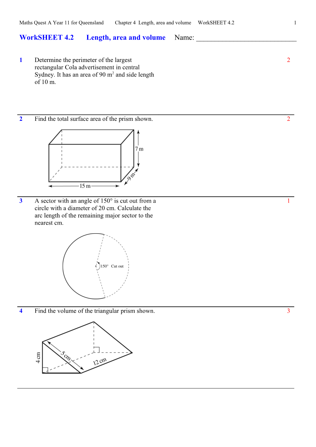 Maths Quest a Year 11 for Queensland Chapter 4 Length, Area and Volume Worksheet 4.2 5