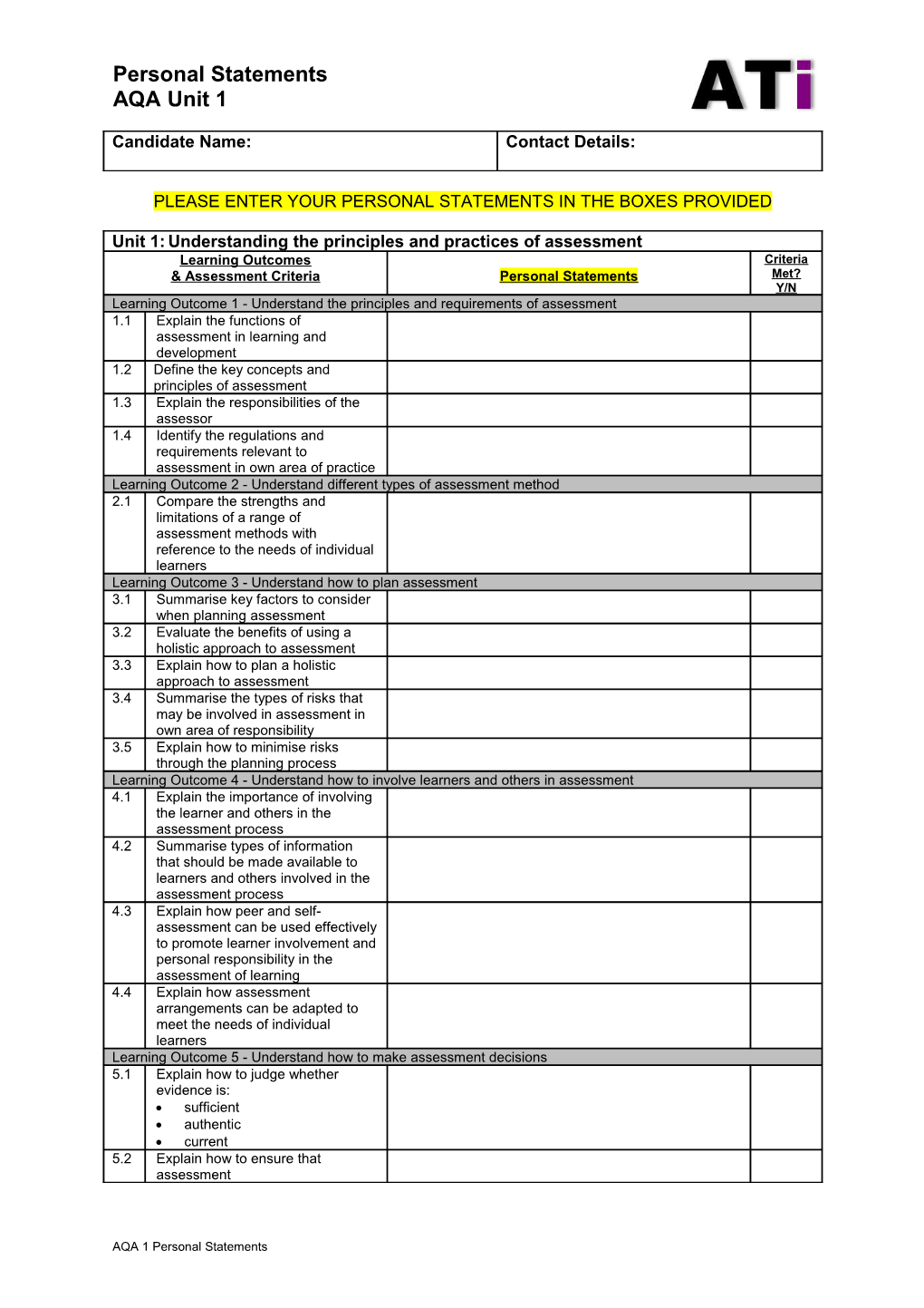 Please Enter Your Personal Statements in the Boxes Provided