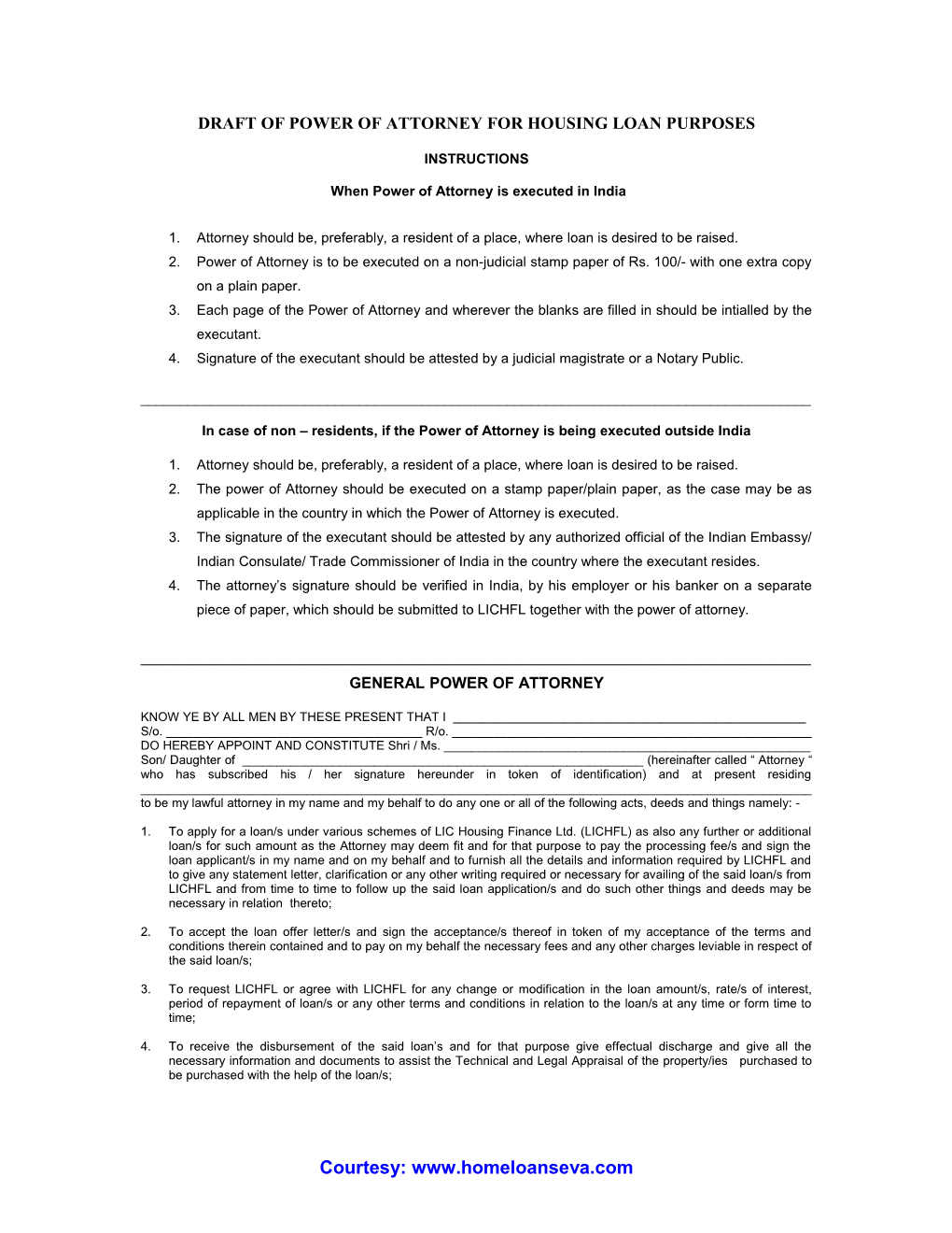 Draft of Power of Attorney for Housing Loan Purposes