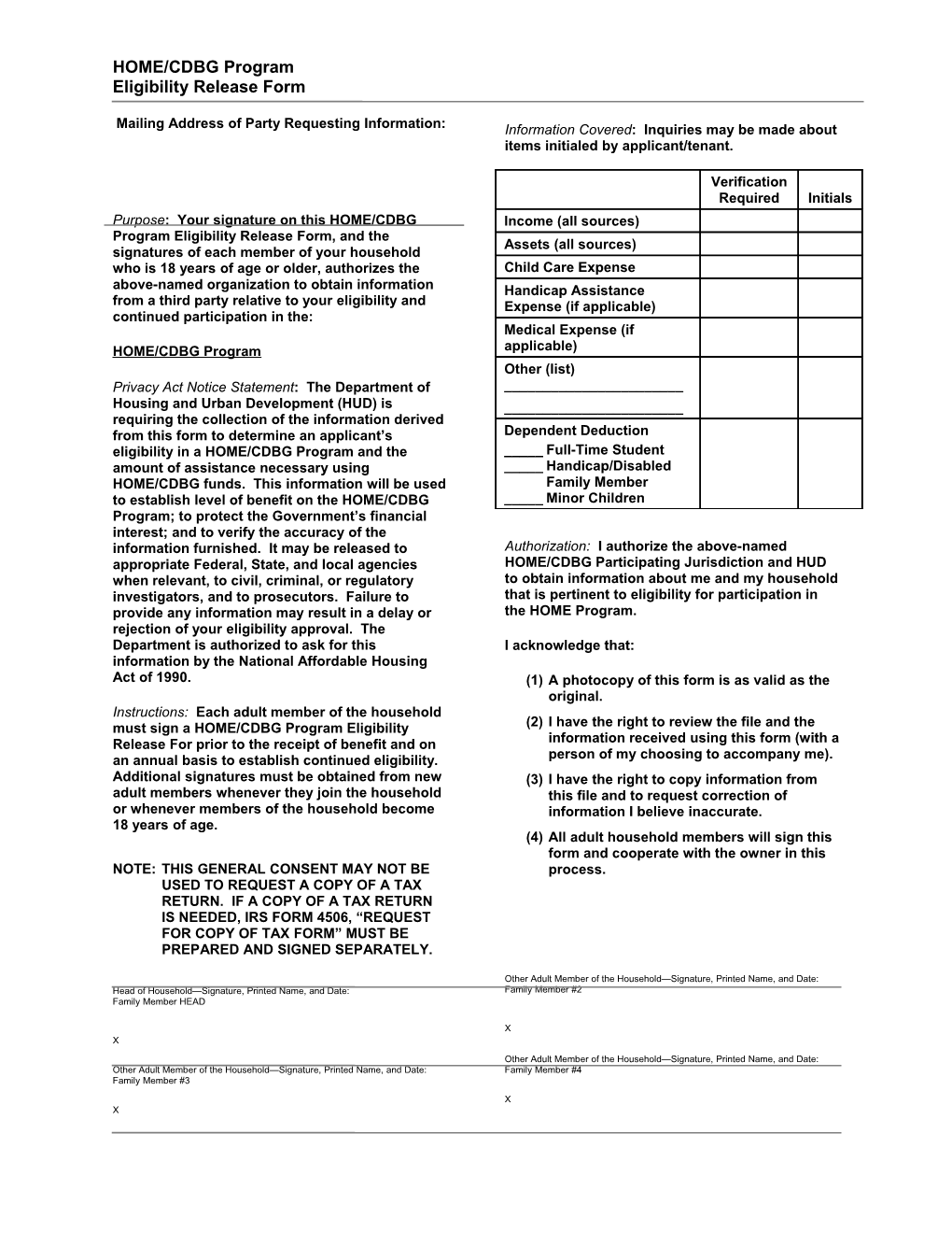 HOME/CDBG Program Eligibility Release Form