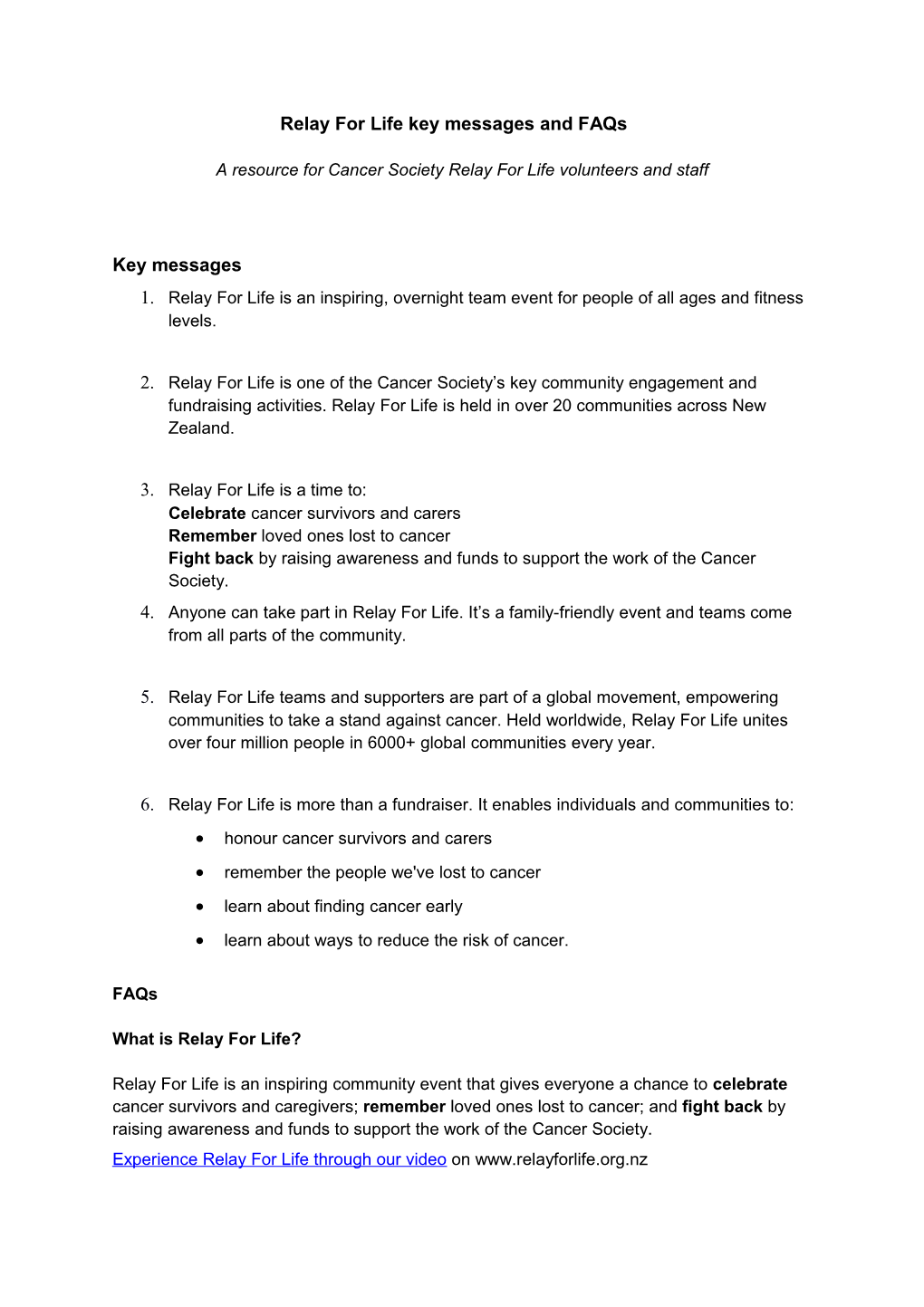 Relay for Life Key Messages and Faqs