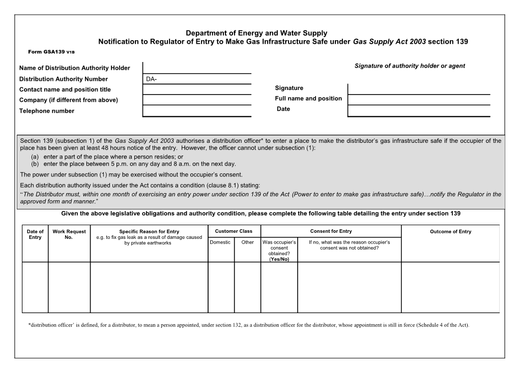 Department of Energy and Water Supply Notification to Regulator of Entry to Make Gas