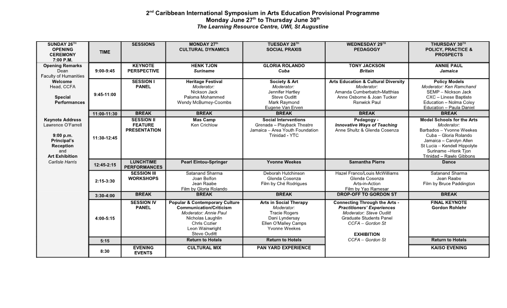 2Nd Caribbean International Symposium in Arts Education Provisional Programme