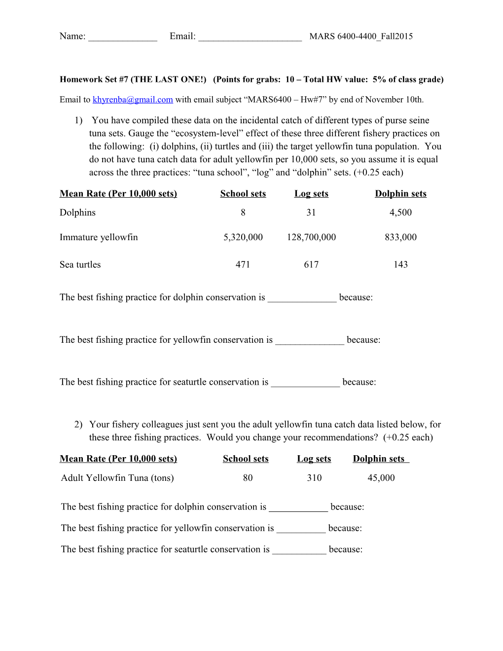 Homework Set #7 (THE LAST ONE!) (Points for Grabs: 10 Total HW Value: 5% of Class Grade)