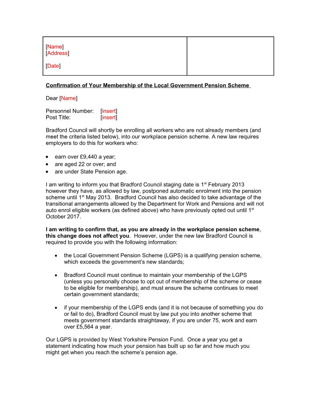 Confirmation of Your Membership of the Local Government Pension Scheme