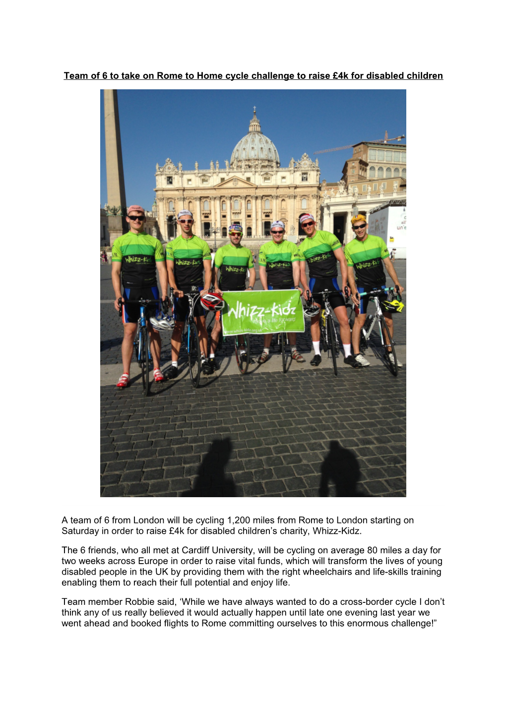 Team of 6 to Take on Rome to Home Cycle Challenge to Raise 4K for Disabled Children