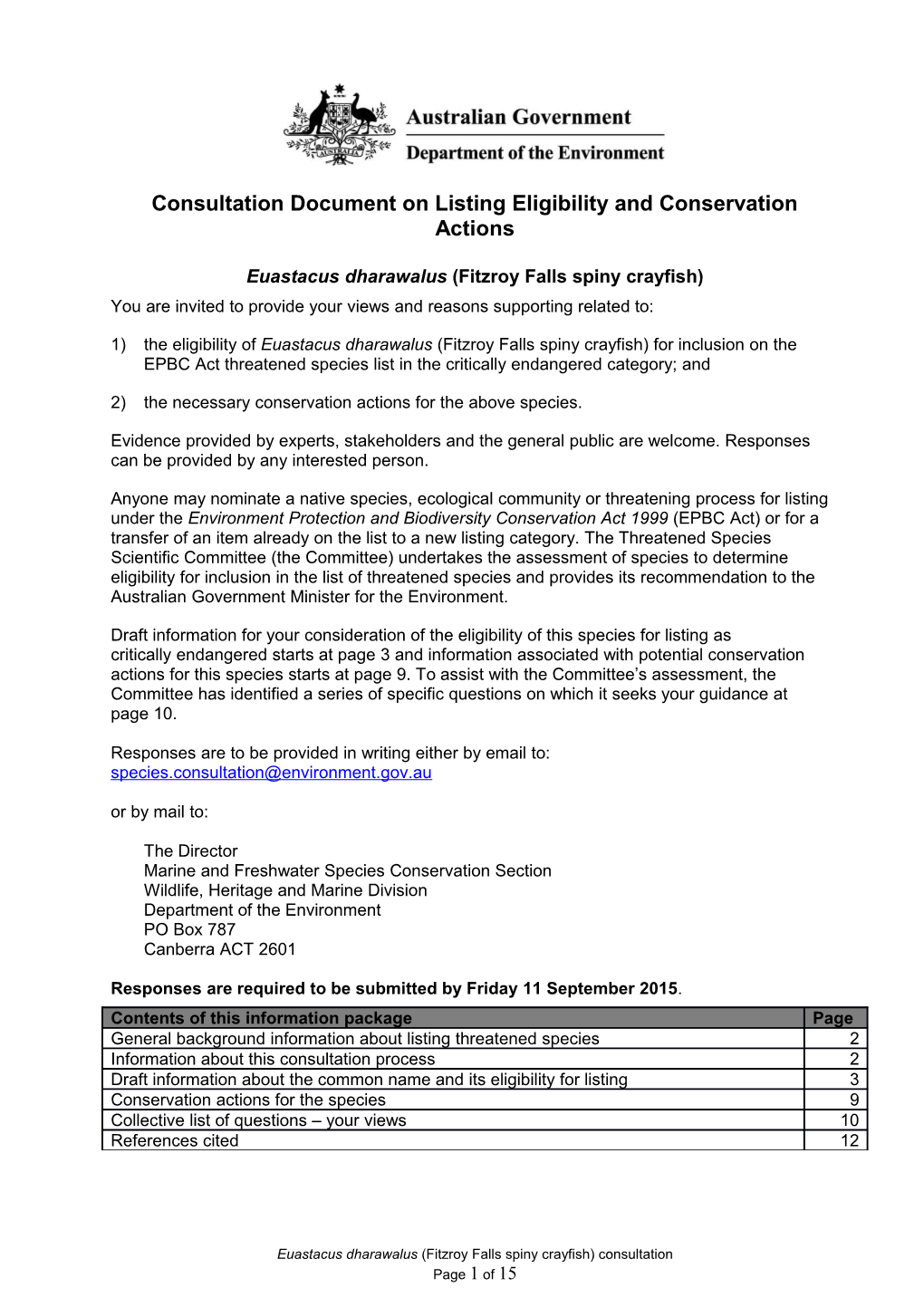 Consultation Document on Listing Eligibility and Conservation Actions - Euastacus Dharawalus