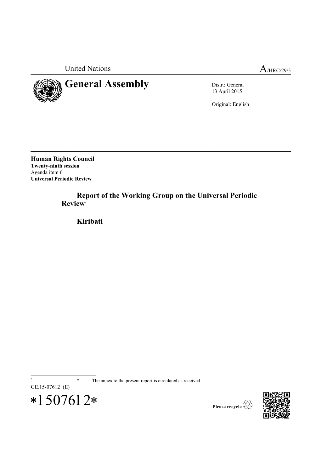 Report of the Working Group on the Universal Periodic Review Kiribati in English