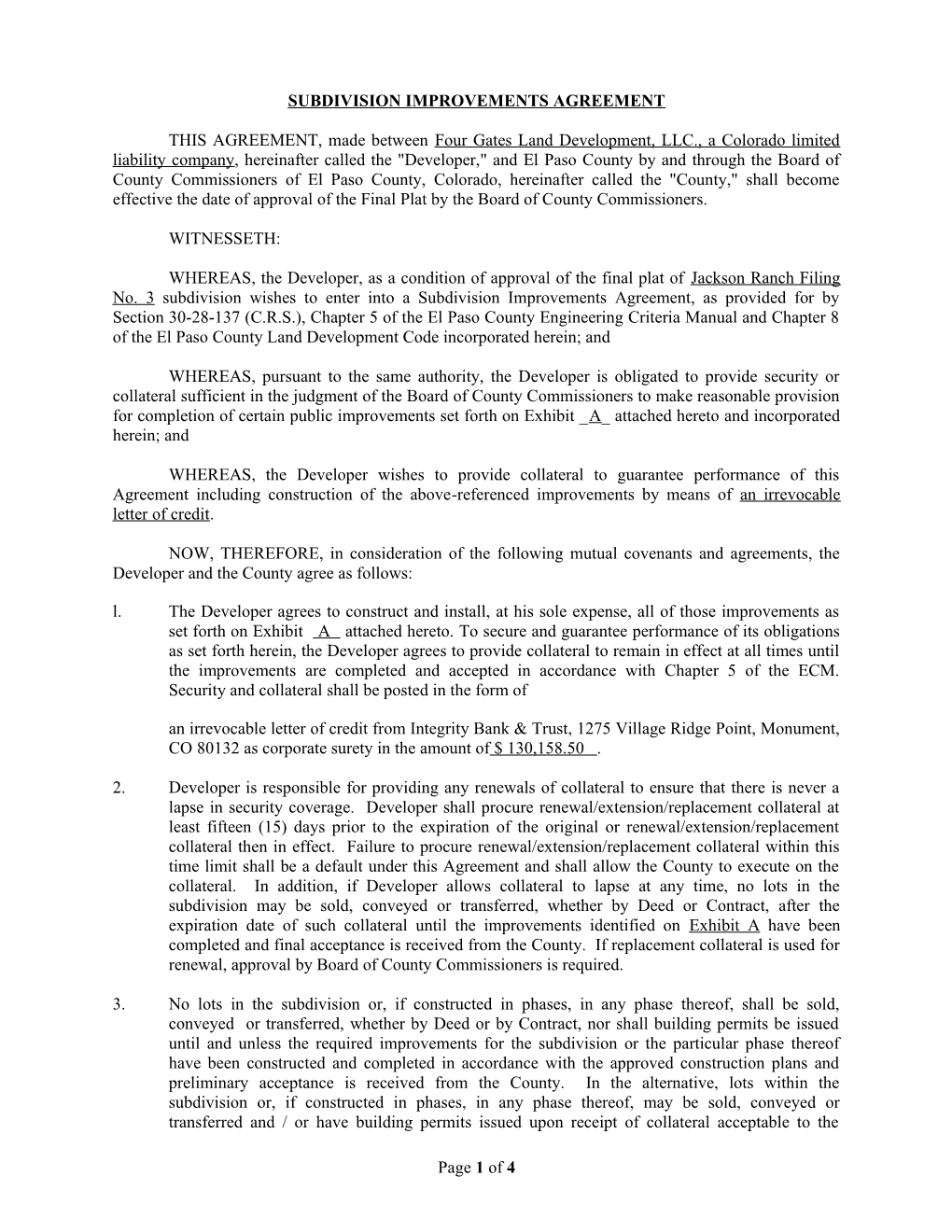 Subdivision Improvements Agreement