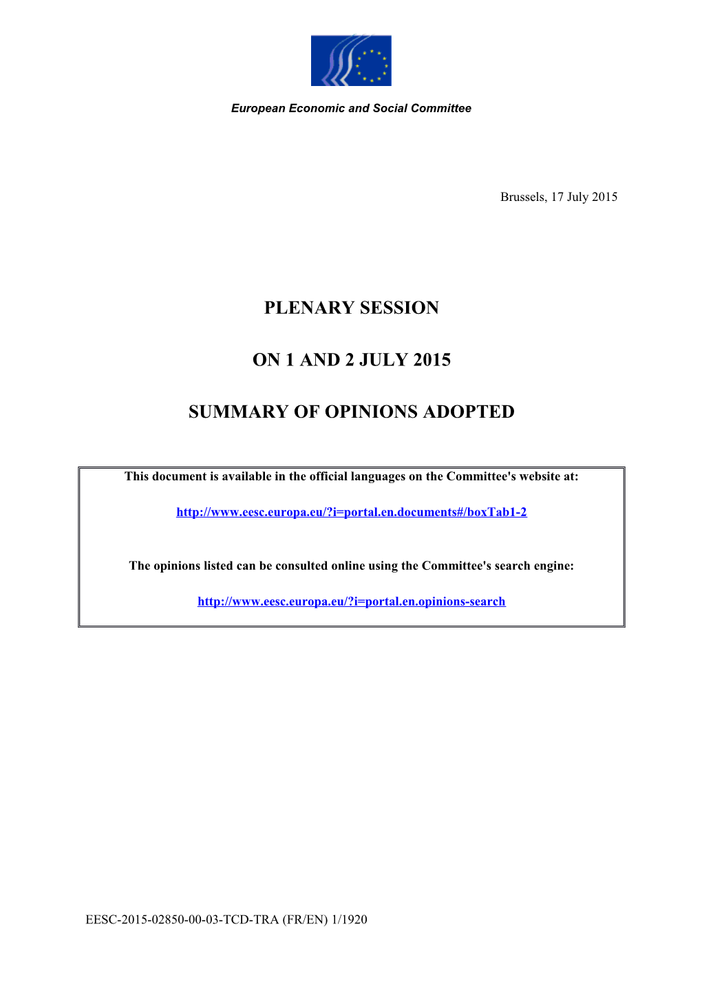 Summary of Opinions Adopted - 509Th Plenary Session of 1 & 2 July 2015