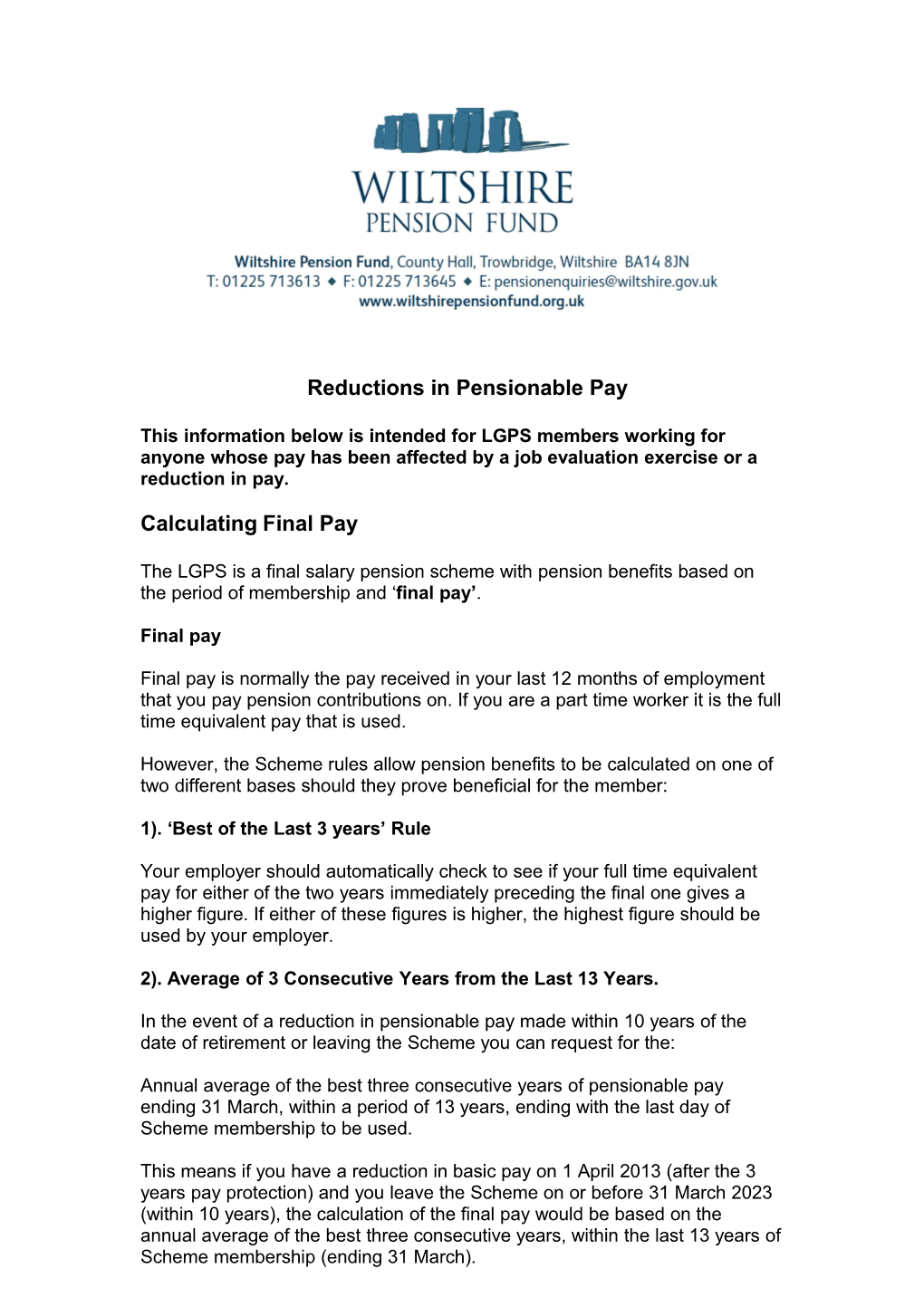 Reductions in Pensionable Pay