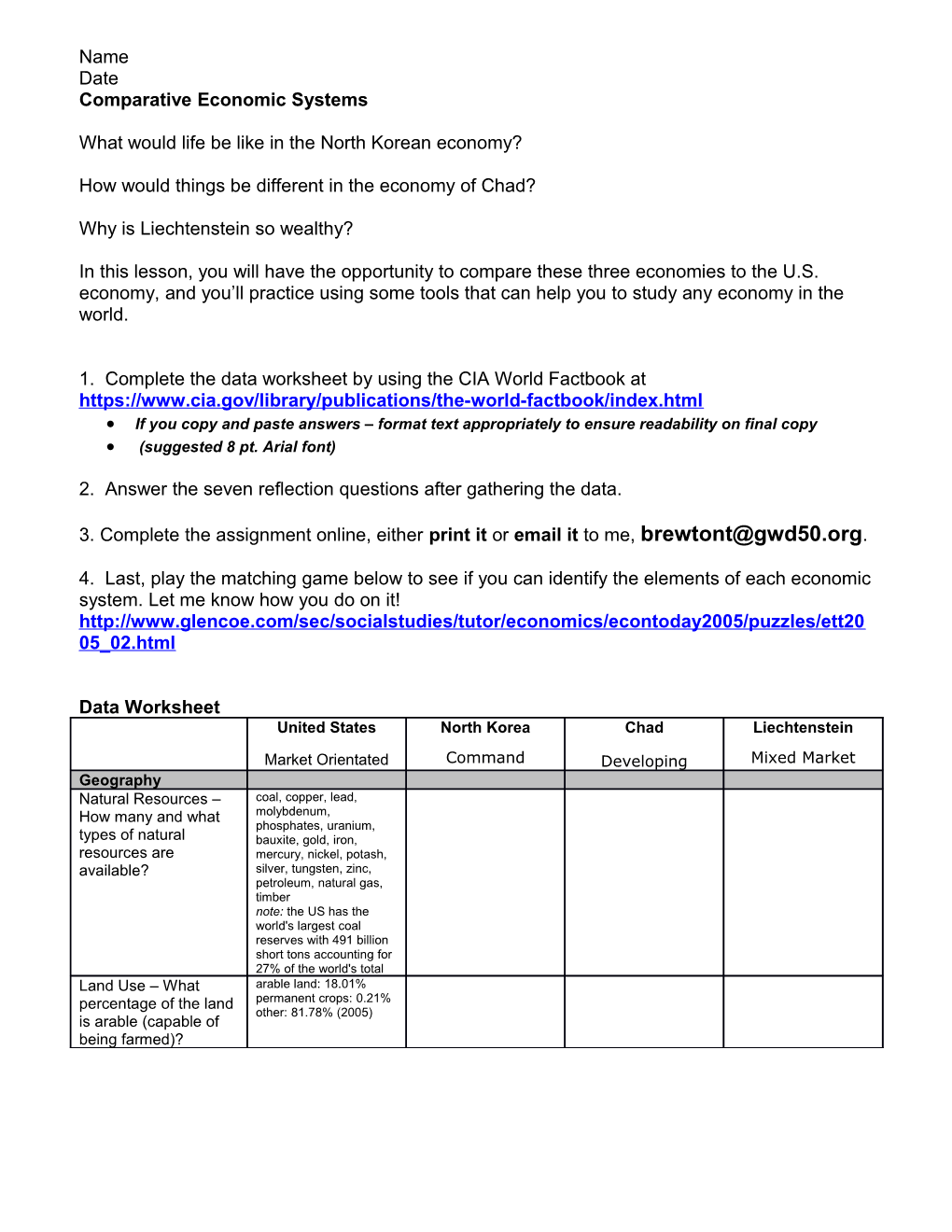 Comparative Systems Worksheet