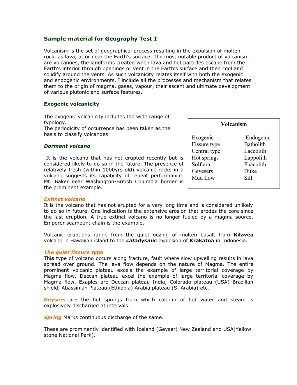 Sample Material for Geography Test I