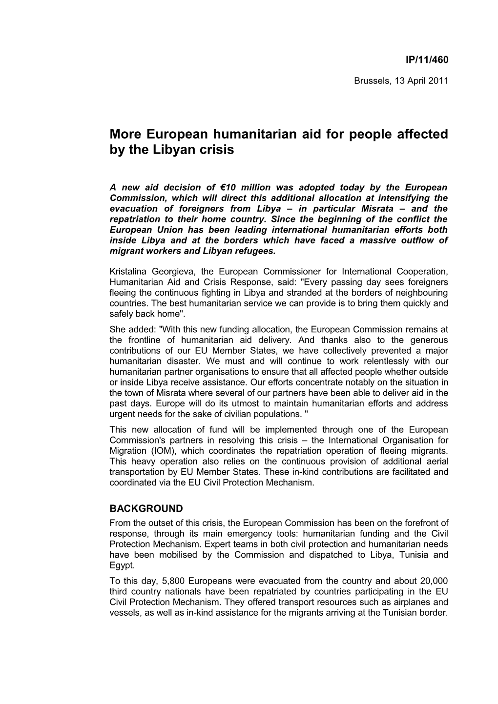 More European Humanitarian Aid for People Affected by the Libyan Crisis