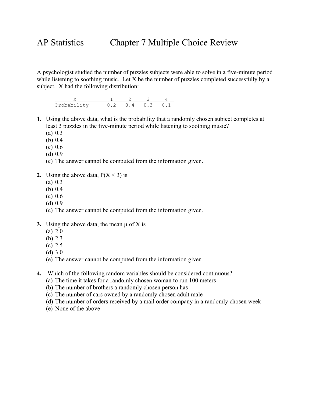 AP Statistics Chapter 7 Multiple Choice Review