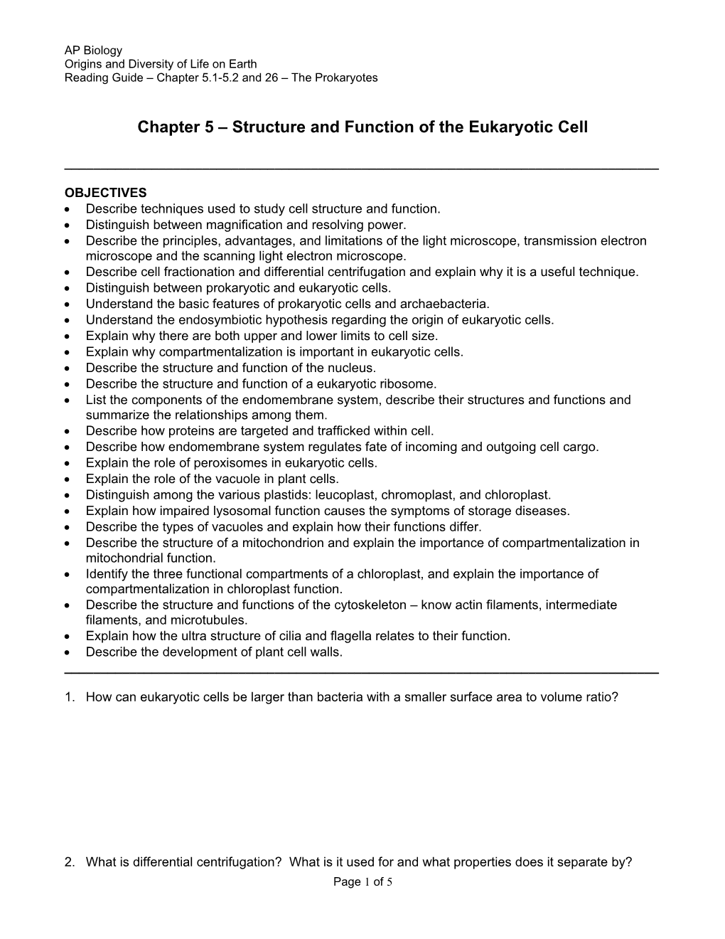 Chapter 5 Structure and Function of the Eukaryotic Cell