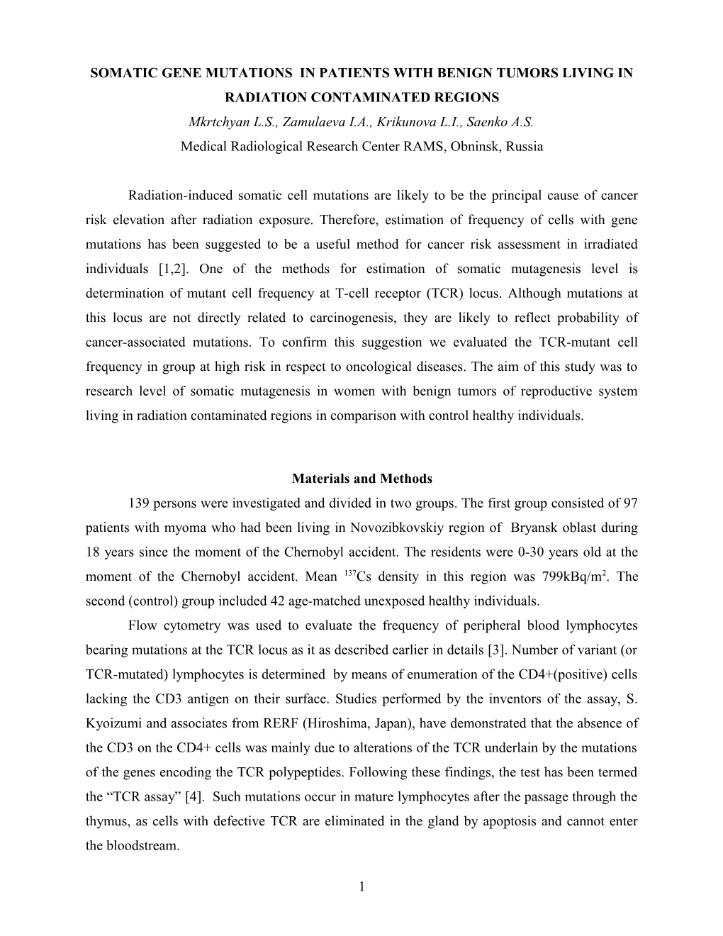 Somatic Gene Mutations in Patients with Benign Tumors Living in Radiation Contaminated Regions