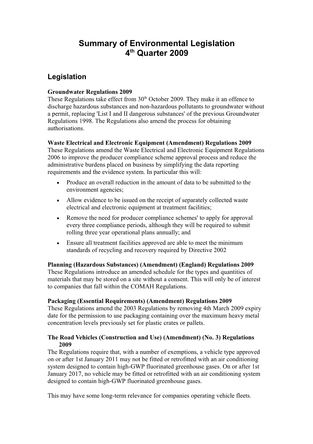 Summary of Environmental Legislation