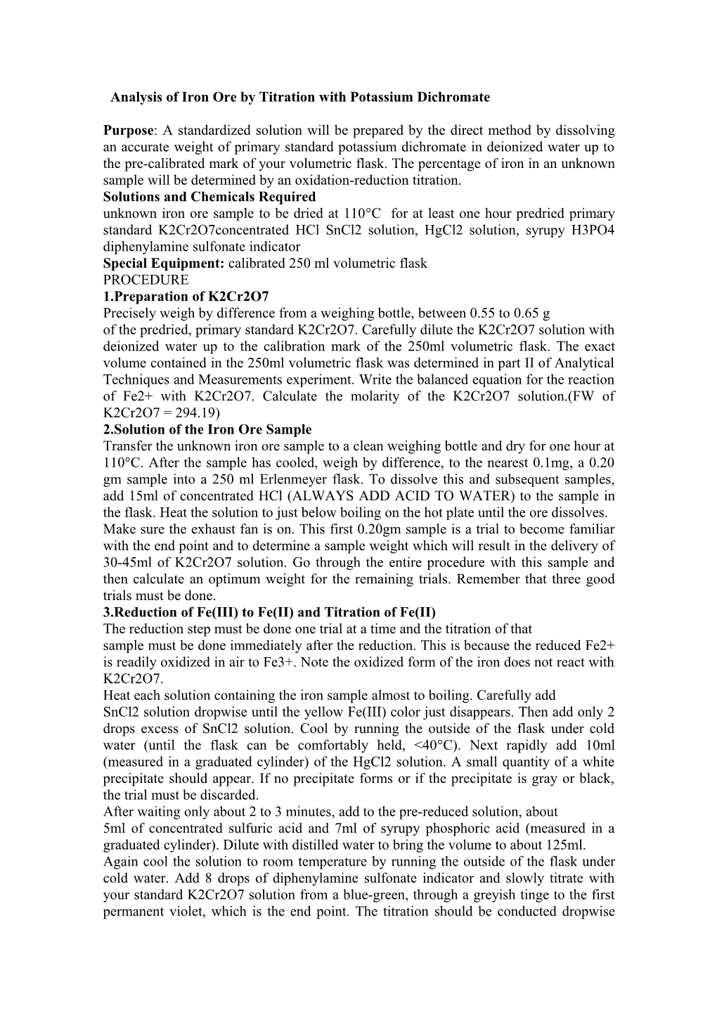 Analysis of Iron Ore by Titration with Potassium Dichromate