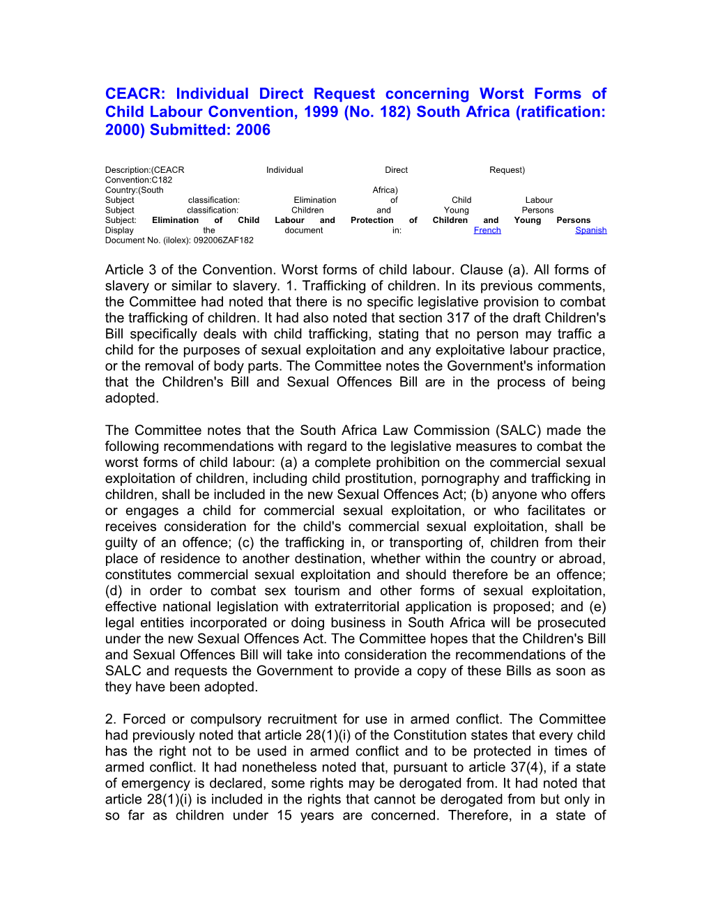 CEACR: Individual Direct Request Concerning Worst Forms of Child Labour Convention, 1999 (No