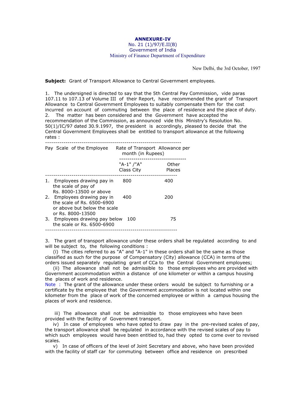 Subject: Grant of Transport Allowance to Central Government Employees