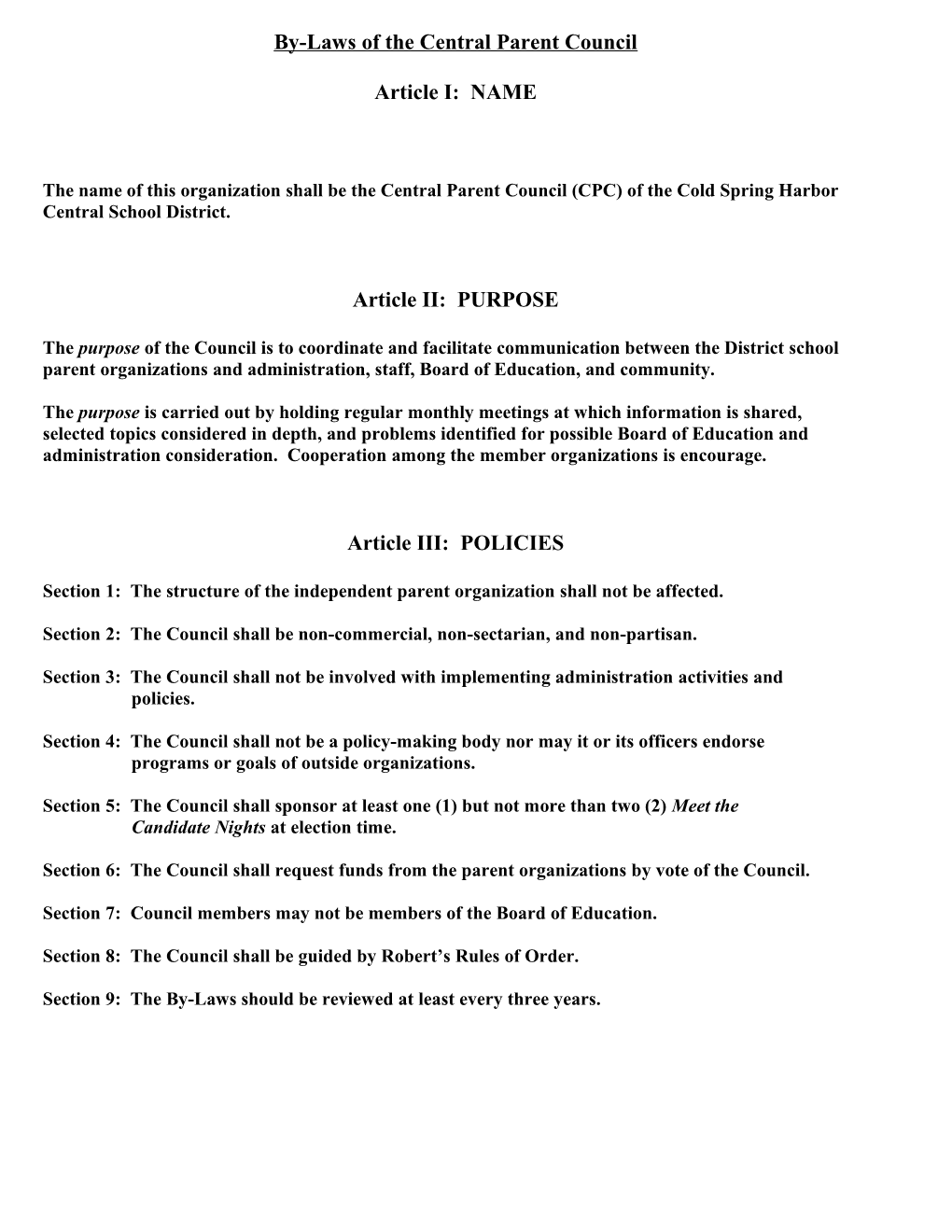 By-Laws of the Central Parent Council