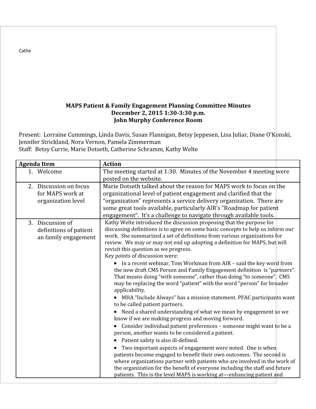 MAPS Patient & Family Engagement Planning Committee Minutes