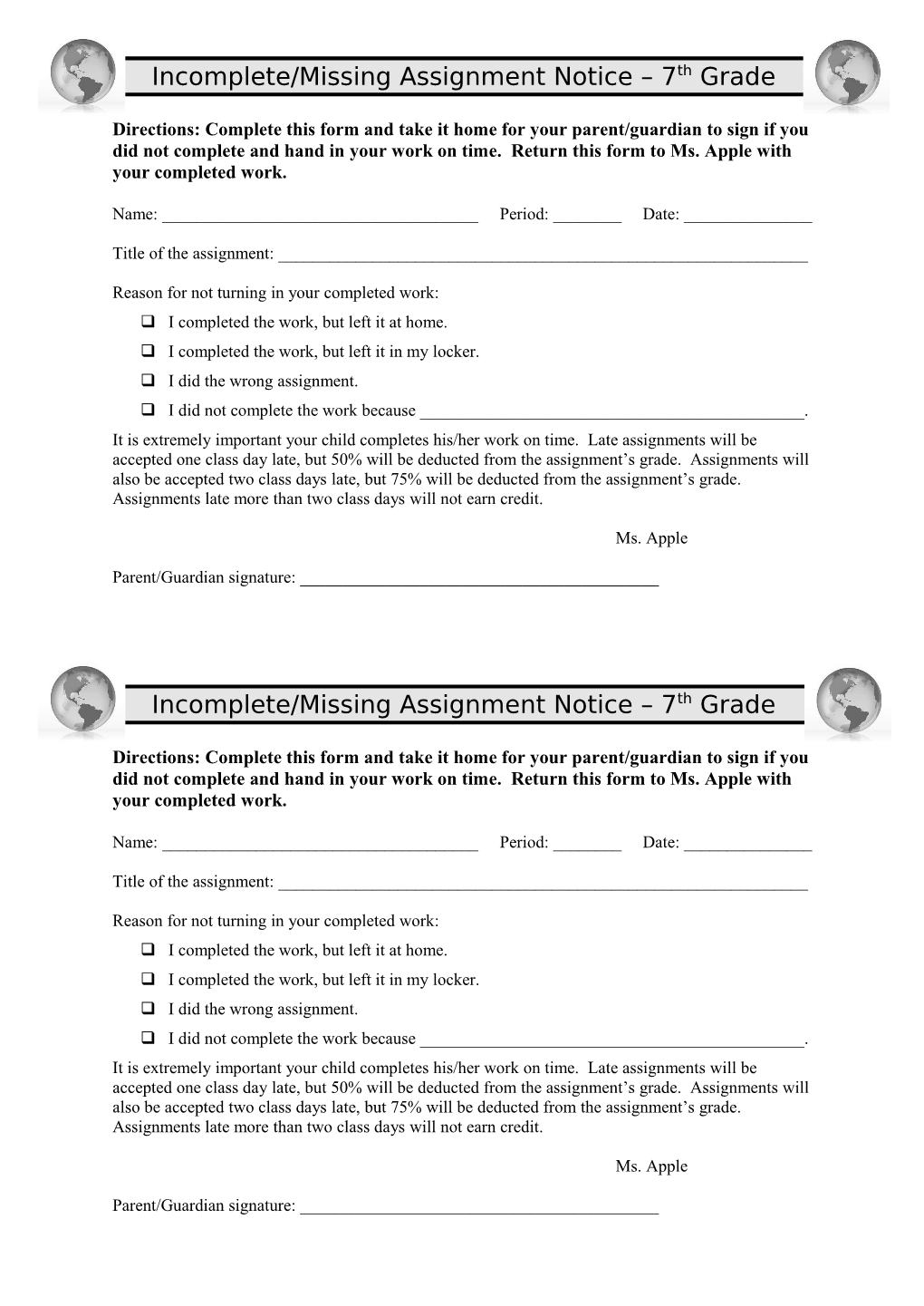 Incomplete/Missing Assignment Notice