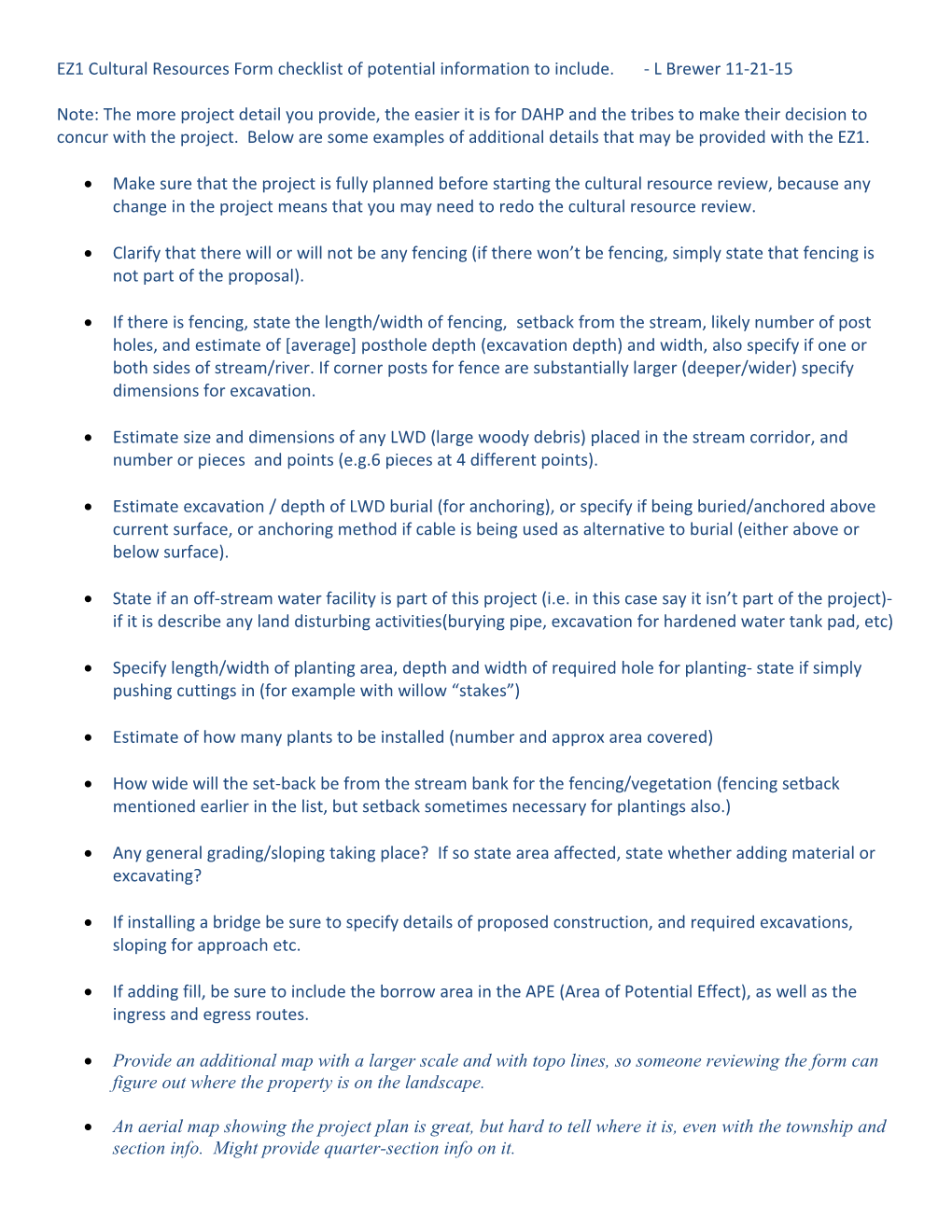 EZ1 Cultural Resources Form Checklist of Potential Information to Include. - L Brewer 11-21-15