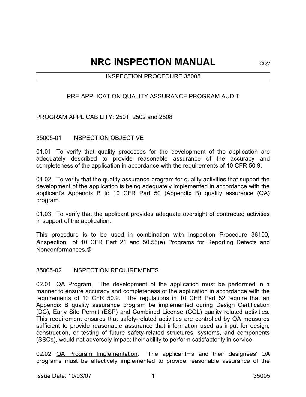 Nrc Inspection Manual Cqv