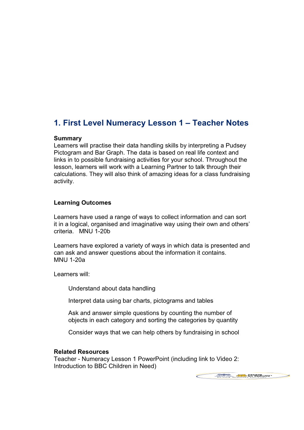 First Level Numeracylesson 1 Teacher Notes