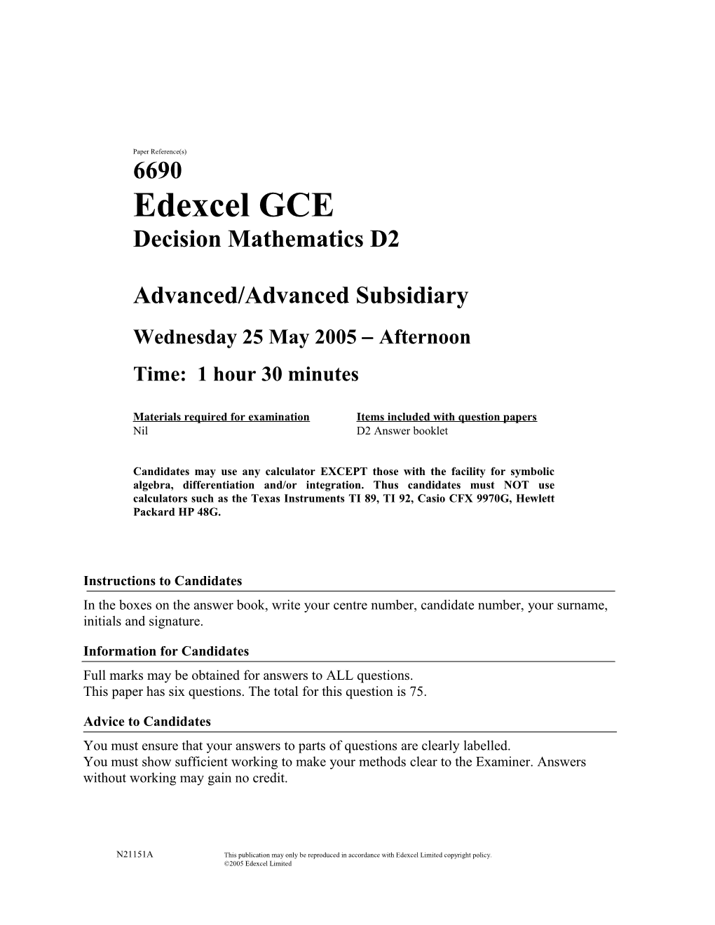 June 2005 - 6690 Decision D2 - Question Paper