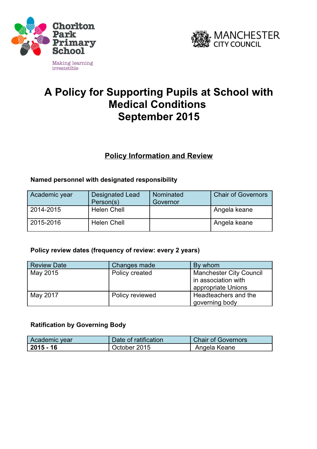 A Policy for Supporting Pupils at School with Medical Conditions