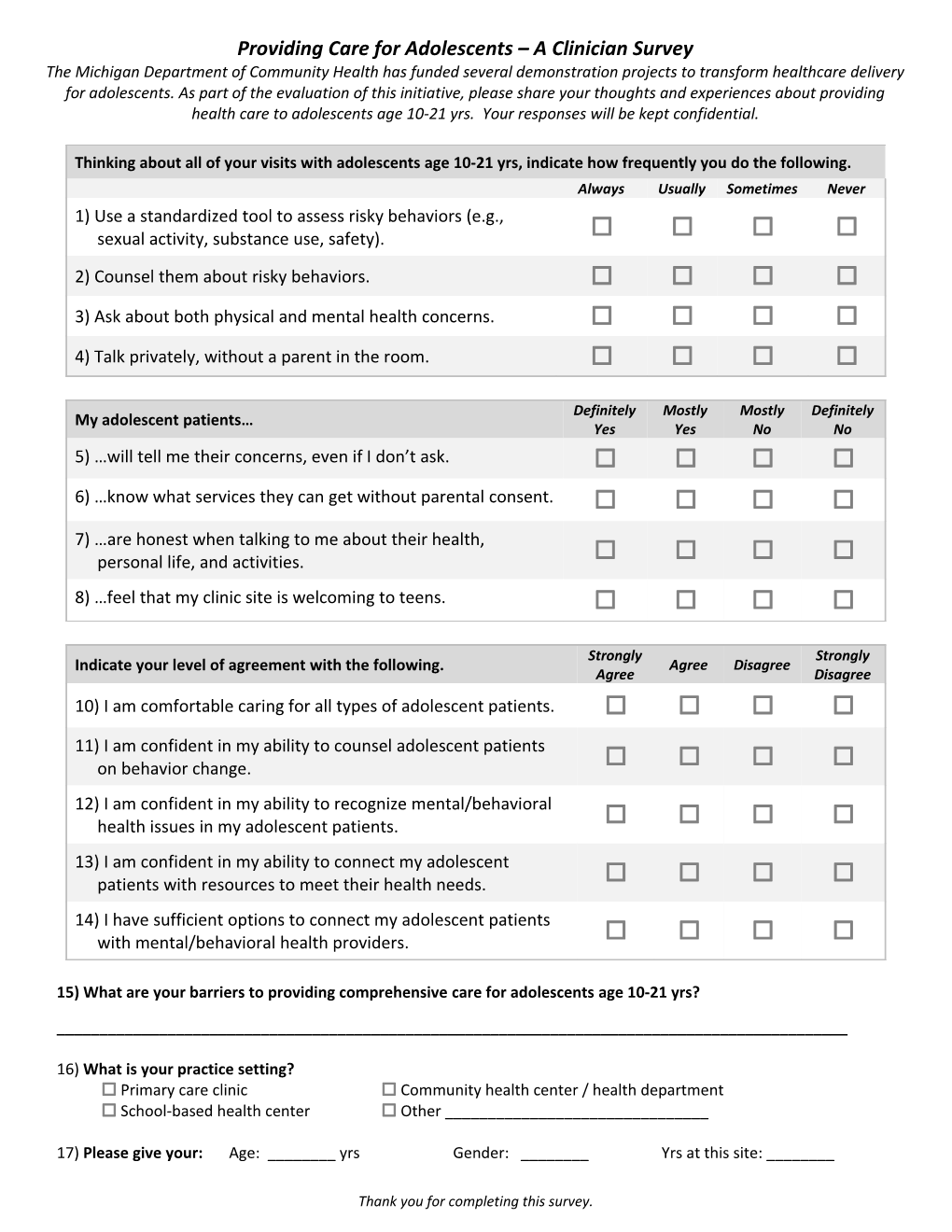 15) What Are Your Barriers to Providing Comprehensive Care for Adolescents Age 10-21 Yrs?