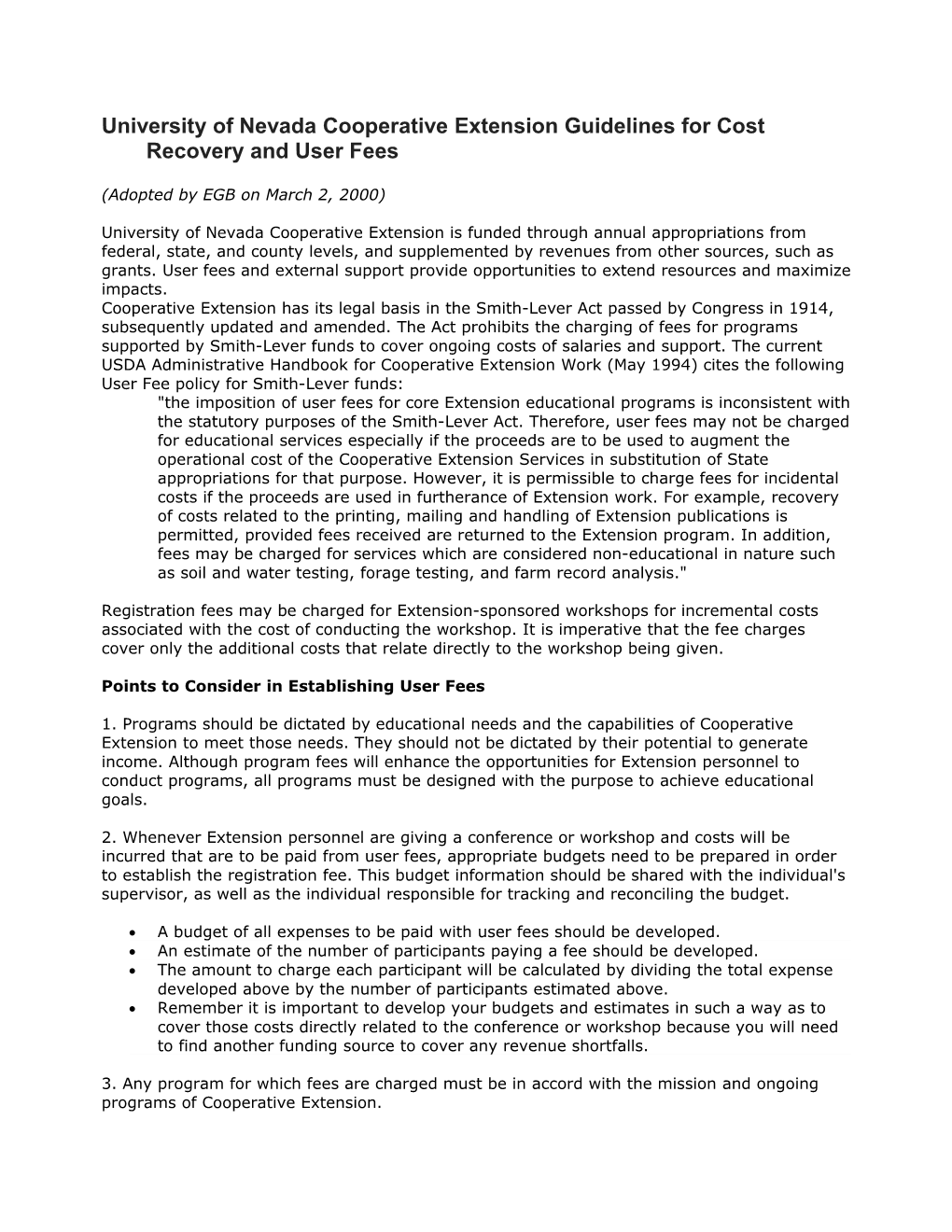 University of Nevada Cooperative Extension Guidelines for Cost Recovery and User Fees