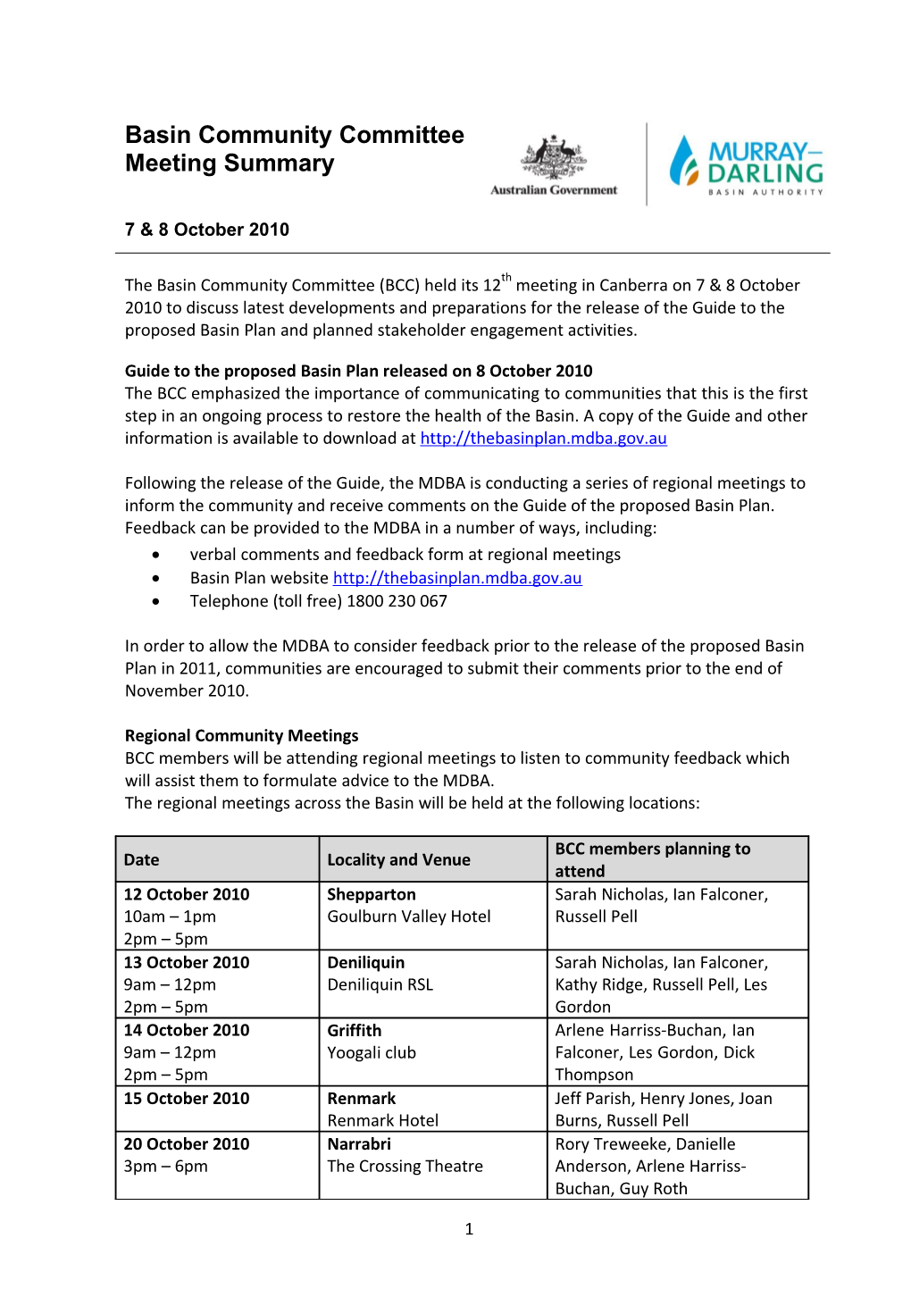 Basin Community Committee 12, 7 & 8 October 2010