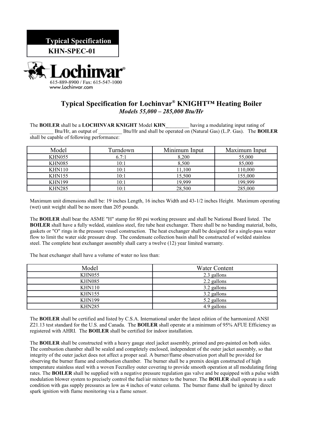 Typical Specification for Lochinvar KNIGHT Heating Boiler