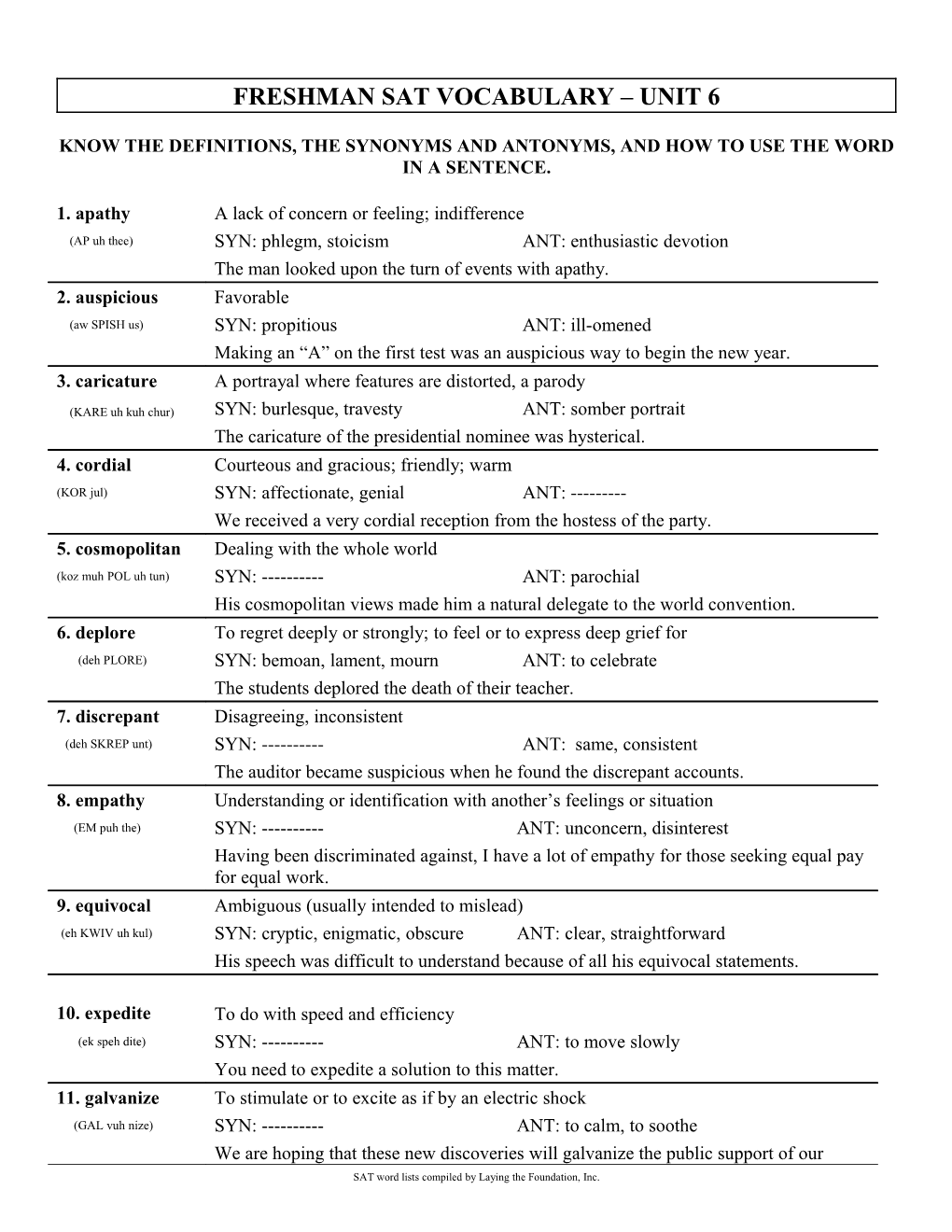 Sat Vocabulary Unit 1