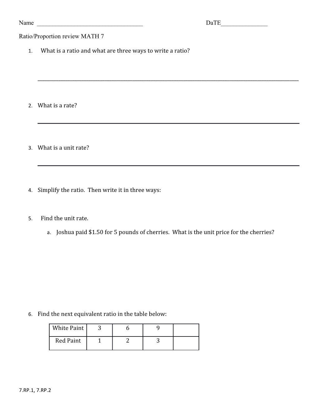 Ratio/Proportion Review MATH 7