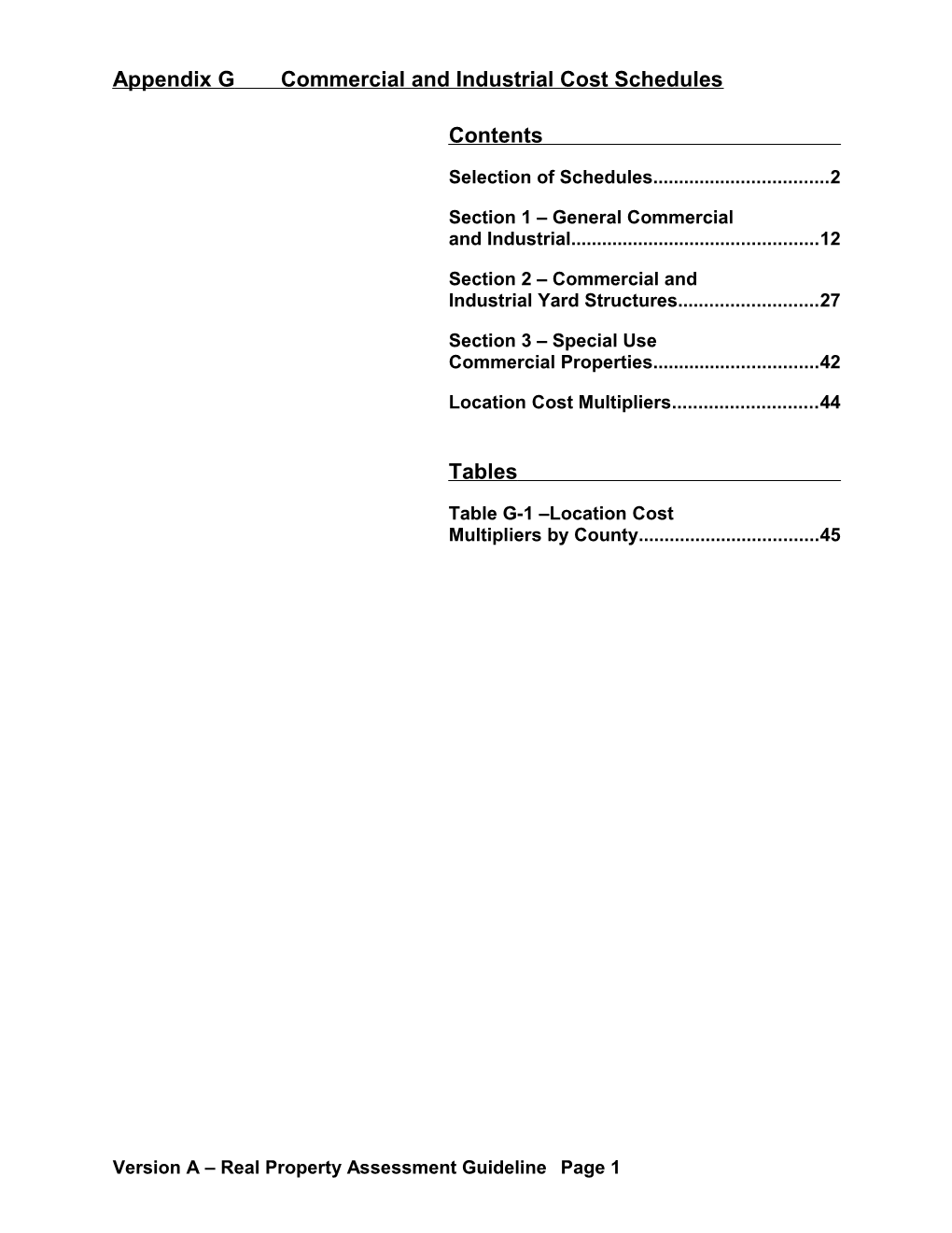 Appendix G Commercial and Industrial Cost Schedules