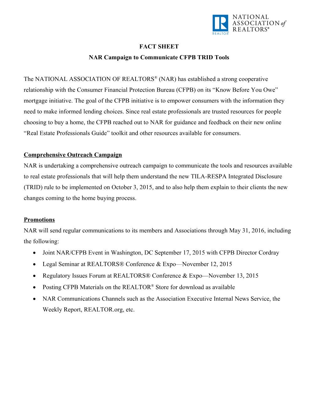 Fact Sheet NAR Campaign to Communicate CFPB TRID Tools