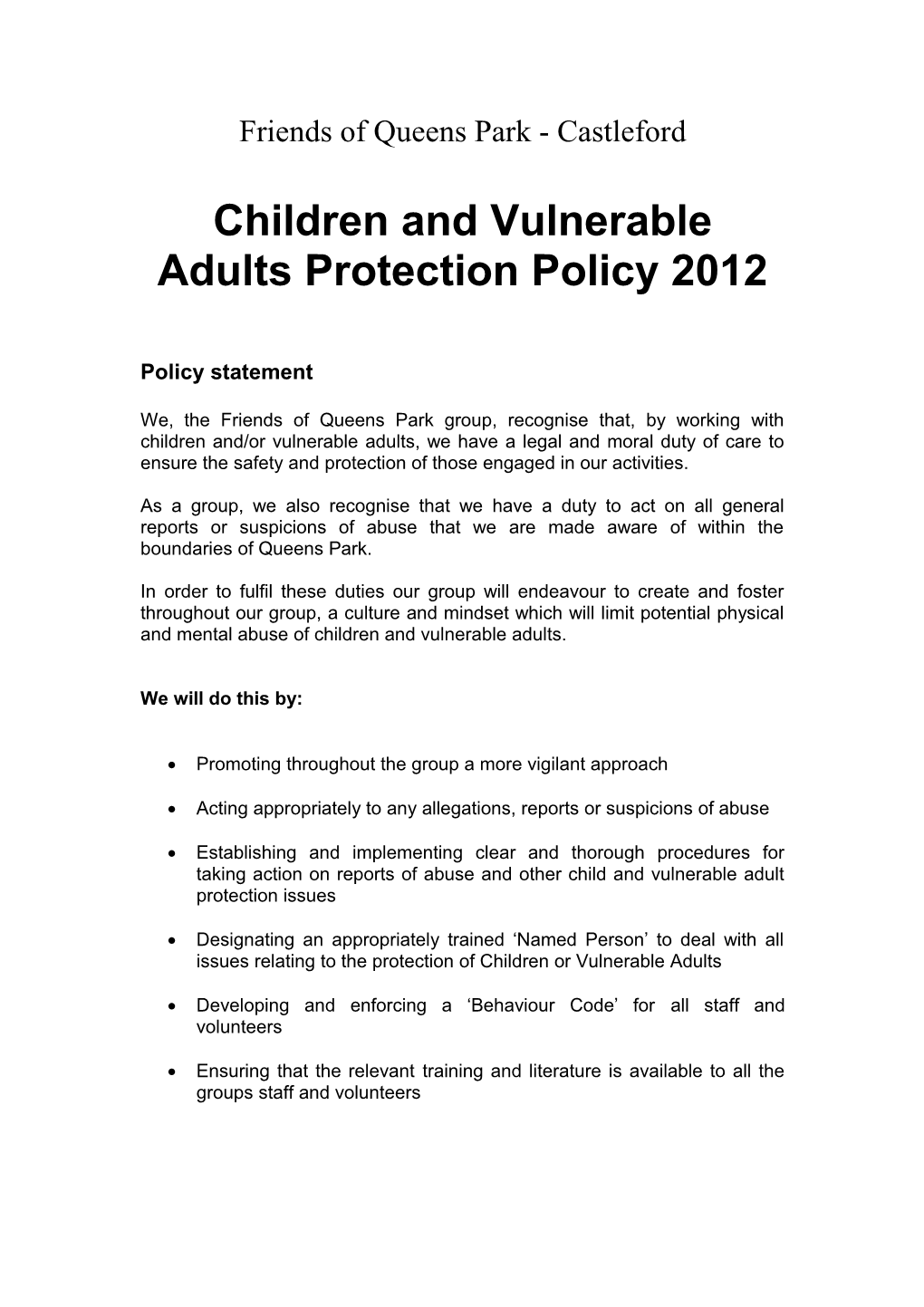Sample Child and Vulnerable Adult Protection Policy and Procedures Document